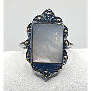 Antique Silver 925 Ring Mother of Pearl, Signed CFJ Sz: 8
